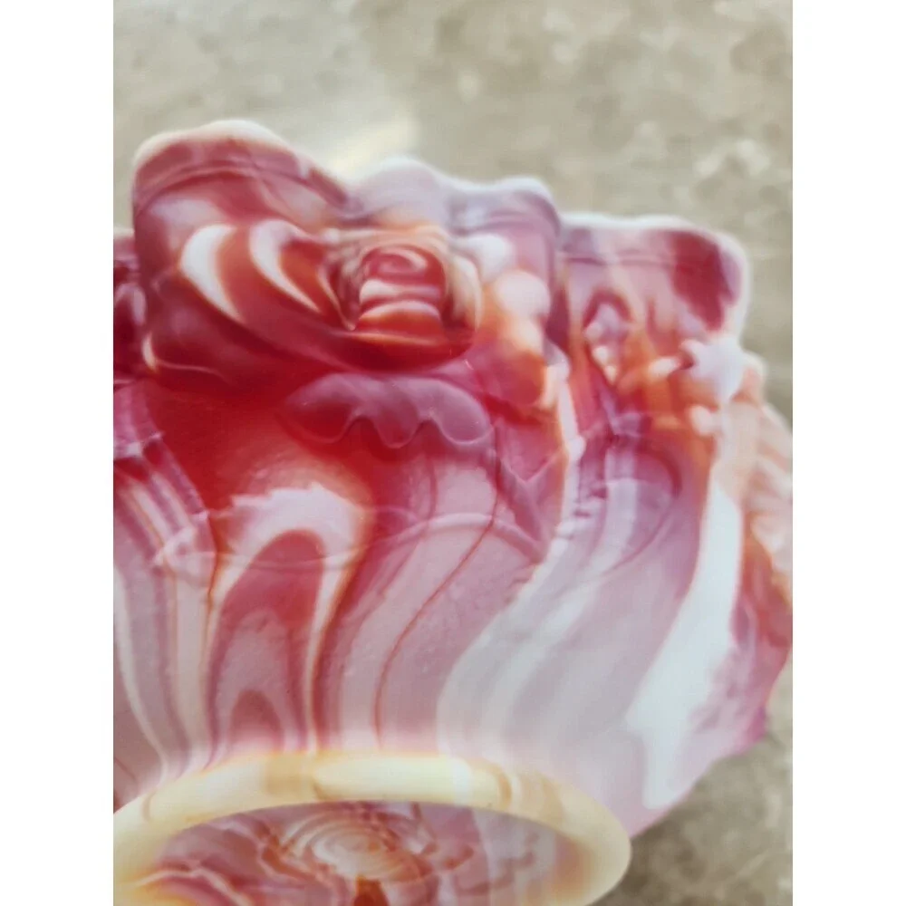 Vintage Imperial Red/orange/white Slag Glass Ruffled Dish With Embossed...